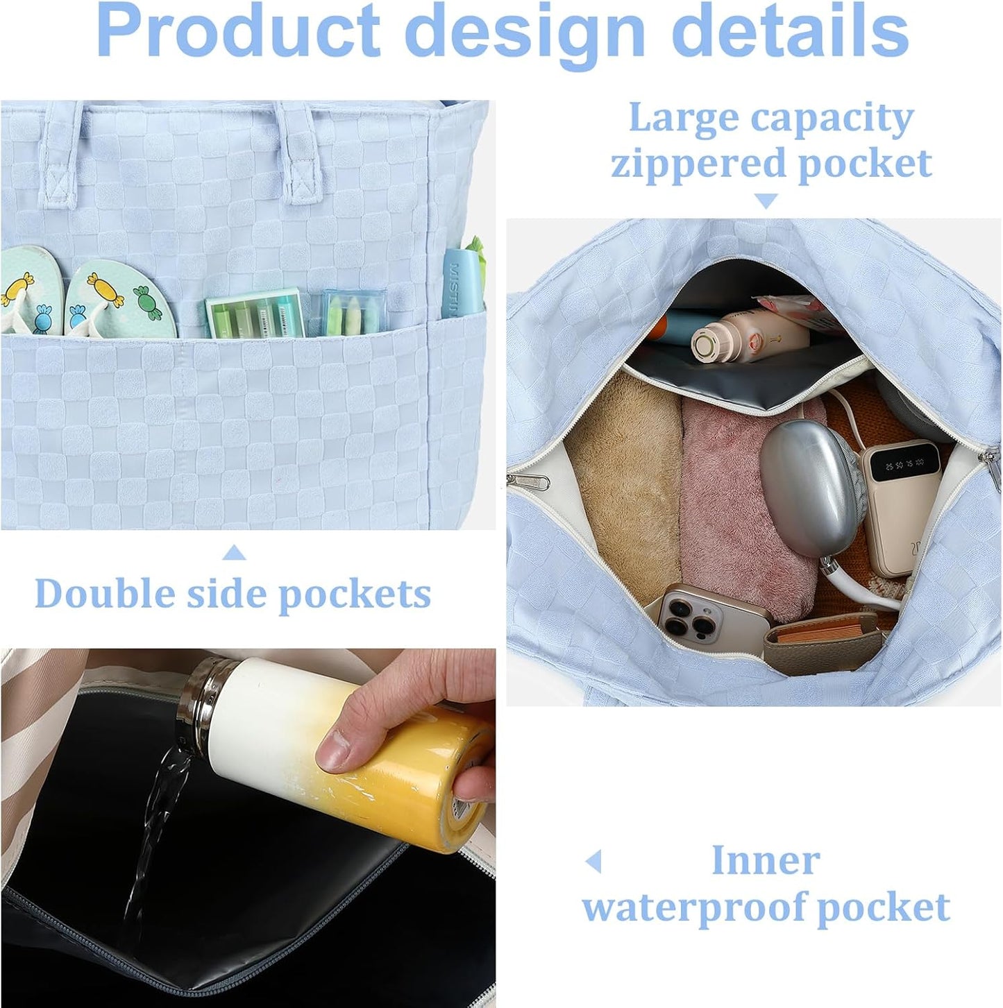 LEDAOU Large Beach Tote Bag Women Waterproof Sandproof Zipper Beach Tote Bag for Pool Gym Grocery Travel with Wet Pocket