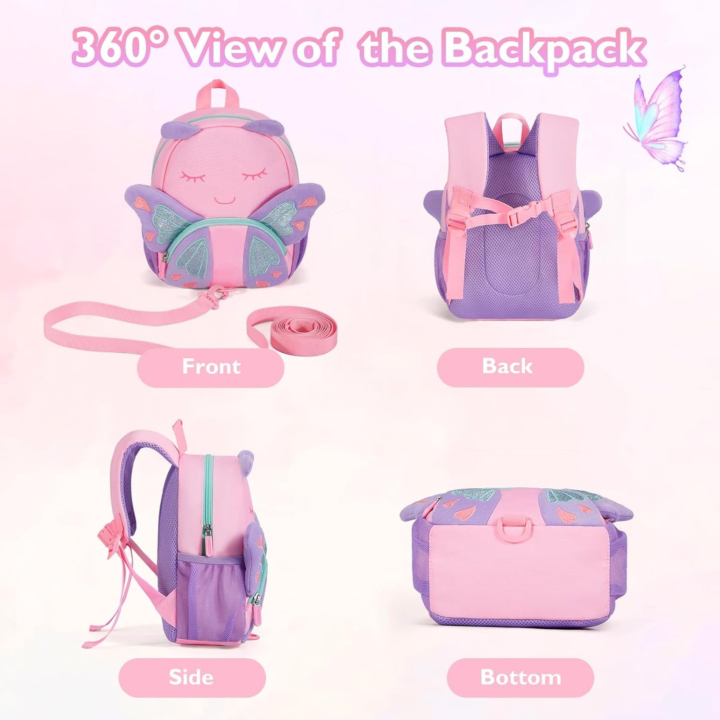 mommore Toddler Backpack for Girls 2-4, 3D Cartoon Cute Kids Backpack Water-Resistant Compact for Travel Preschool with Toddler Leash, Chest Buckle, Butterfly