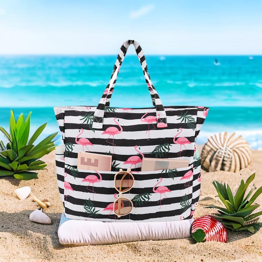 LEDAOU Large Beach Tote Bag Women Waterproof Sandproof Zipper Beach Tote Bag for Pool Gym Grocery Travel with Wet Pocket