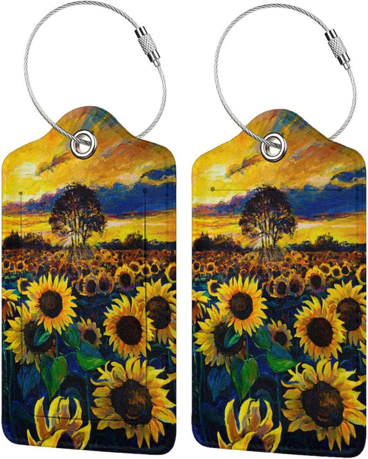 2-Pcs Beautiful Sunflower Leather Luggage Tags for Women Girls Suitcases, Art Yellow Floral Privacy Cover ID Label with Stainless Steel Loop and Address Card for Travel Bag Backpack