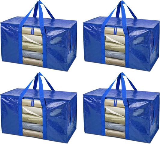 BALEINE 4-Pack Oversized Moving Bags with Reinforced Handles, Heavy-Duty Storage Tote Moving Supplies for Packaging, Camping (Blue w/Window, 4-Pack)