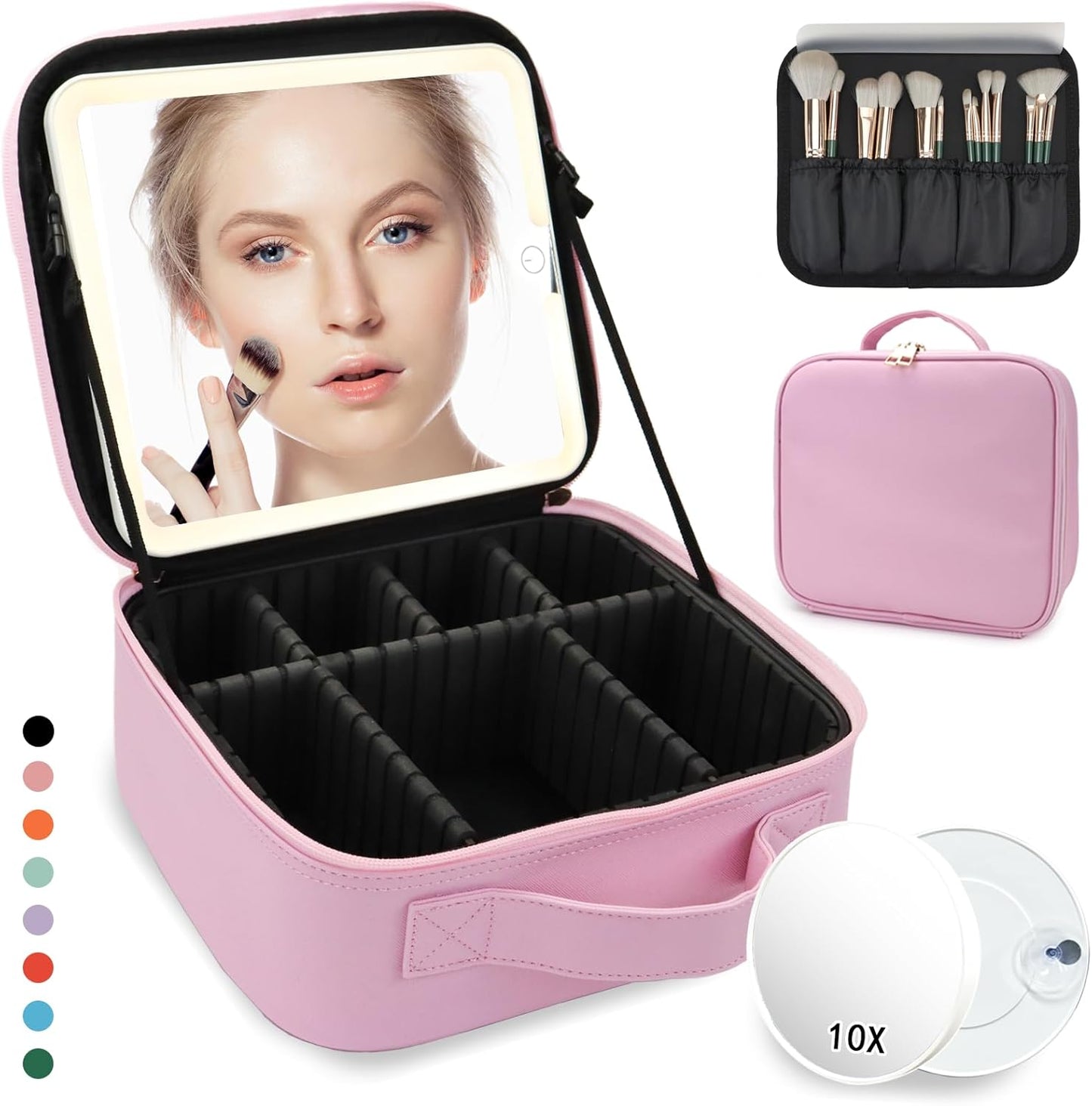 Travel Makeup Bag,with Mirror 3 Color Setting and Detachable 10x Magnifying Mirror Travel Makeup Bag,Portable Storage and Adjustable Dividers（Light Pink）