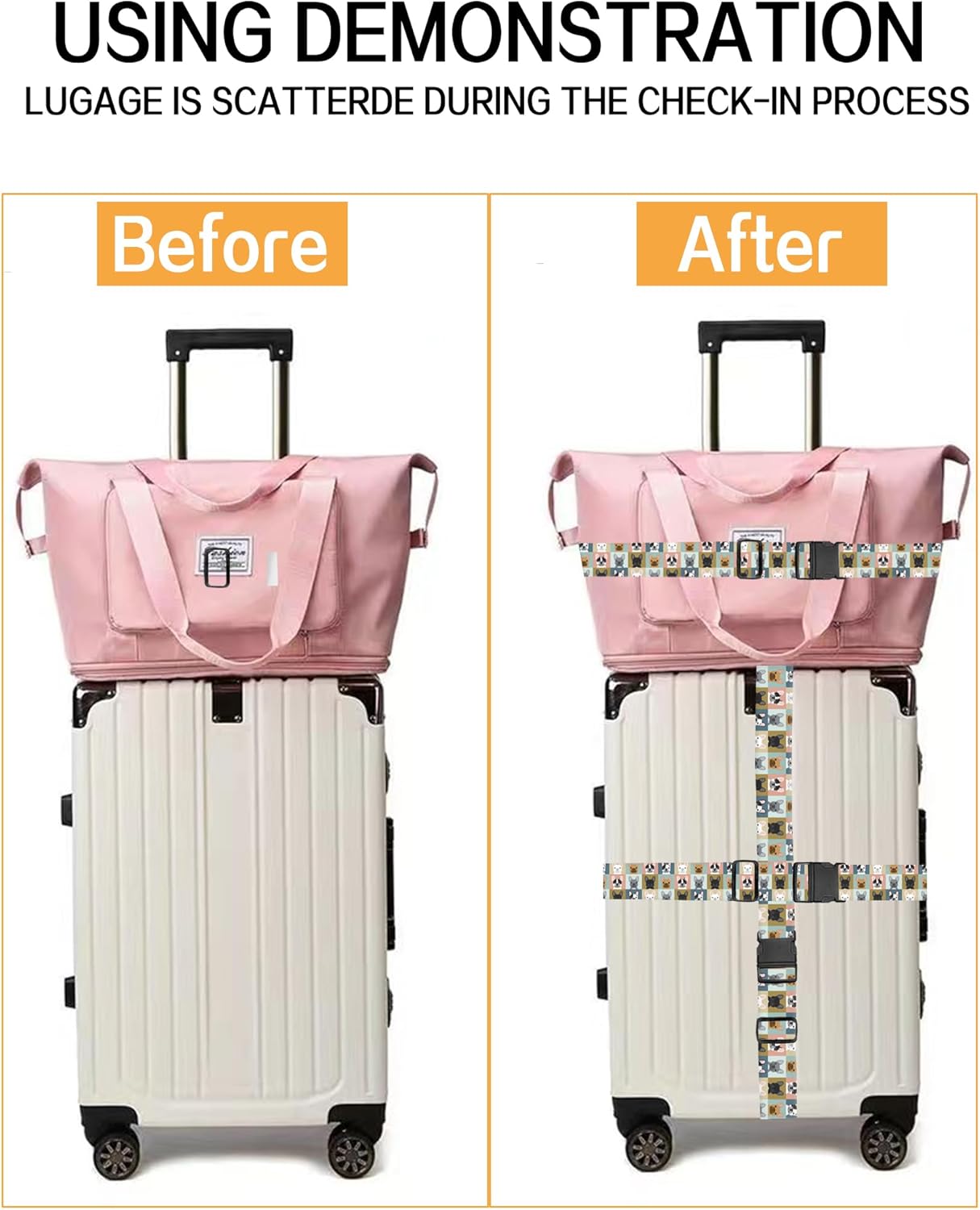 Luggage Straps for Suitcases, Adjustable Travel Belt, Durable Wide Luggage Strap, Cute Suitcase Strap Identifiers with Buckle, Bag Straps for Luggage, Cute Dogs