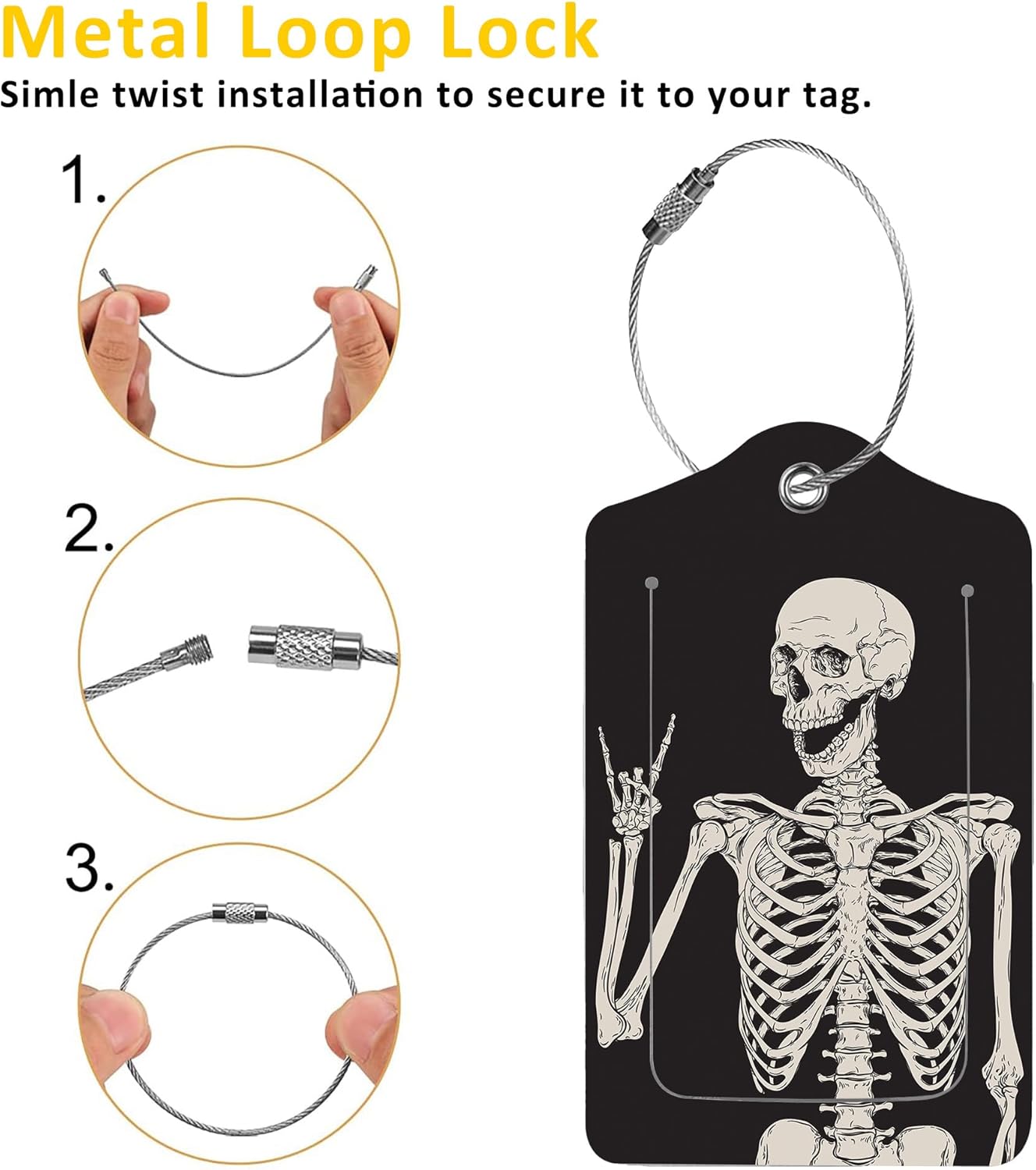 2 Pack Luggage Tag for Suitcase,Human Skeleton PU Leather Suitcase Tags Identifiers with Privacy Name Address Labels and Durable Steel Loop for Women Men Travel