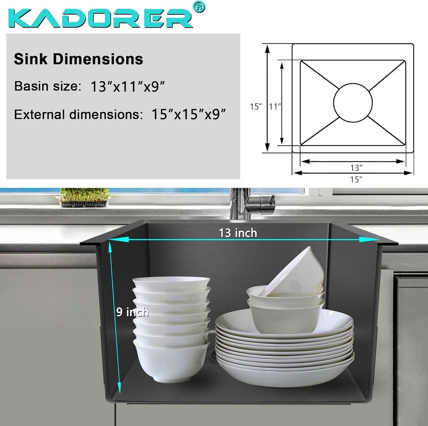 15 x 15 Inch Drop In Bar Sink, Small Kitchen Sink Single Bowl Topmount Bar Prep Sink 18 Gauge Stainless Steel Bar Sink with Grid and Basket Strainer