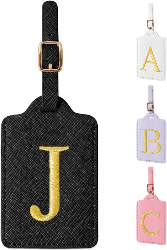 Personalized Initial Luggage Tags for Suitcase TSA Approved, Black Leather Cute Luggage Tag with Privacy Cover Name Card, Embroidered Custom Luggage Tags Travel Backpack Tags Gifts for Women Kids(J)