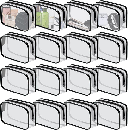 16 Pieces Clear Cosmetic Bags PVC Clear Makeup Bags TSA Approved Toiletry Bag with Zipper Waterproof Vinyl Plastic Organizer Storage Transparent Pouch for Women and Men (Black, Small)