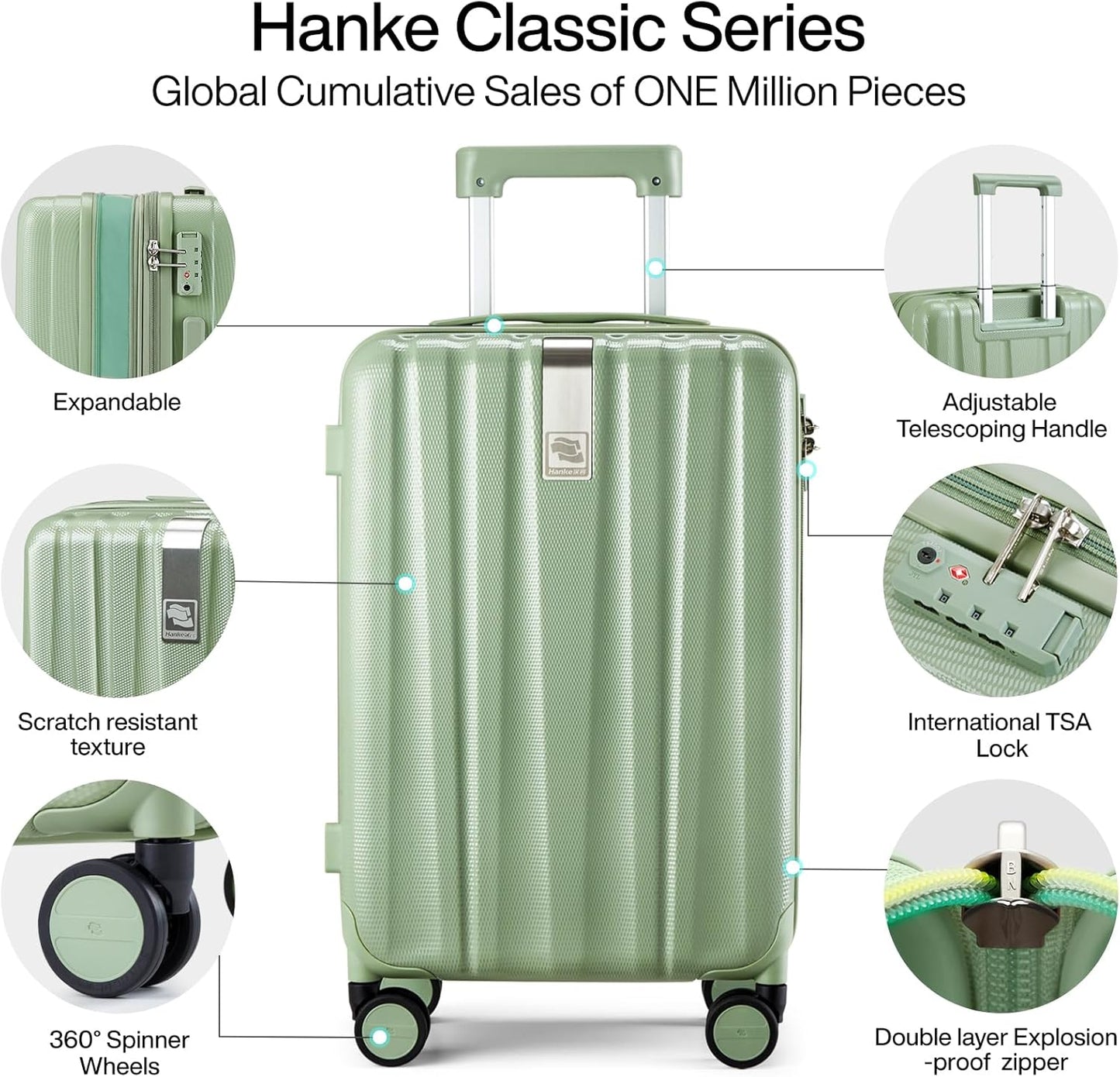 Hanke Expandable Hard Shell Luggage Sets 2 piece Carry on Luggage with Wheels Suitcases Lightweight Checked Travel Luggage Rolling Large Suitcase Travel Luggage Bag Woman Men 20/29 Inch(Bamboo Green)