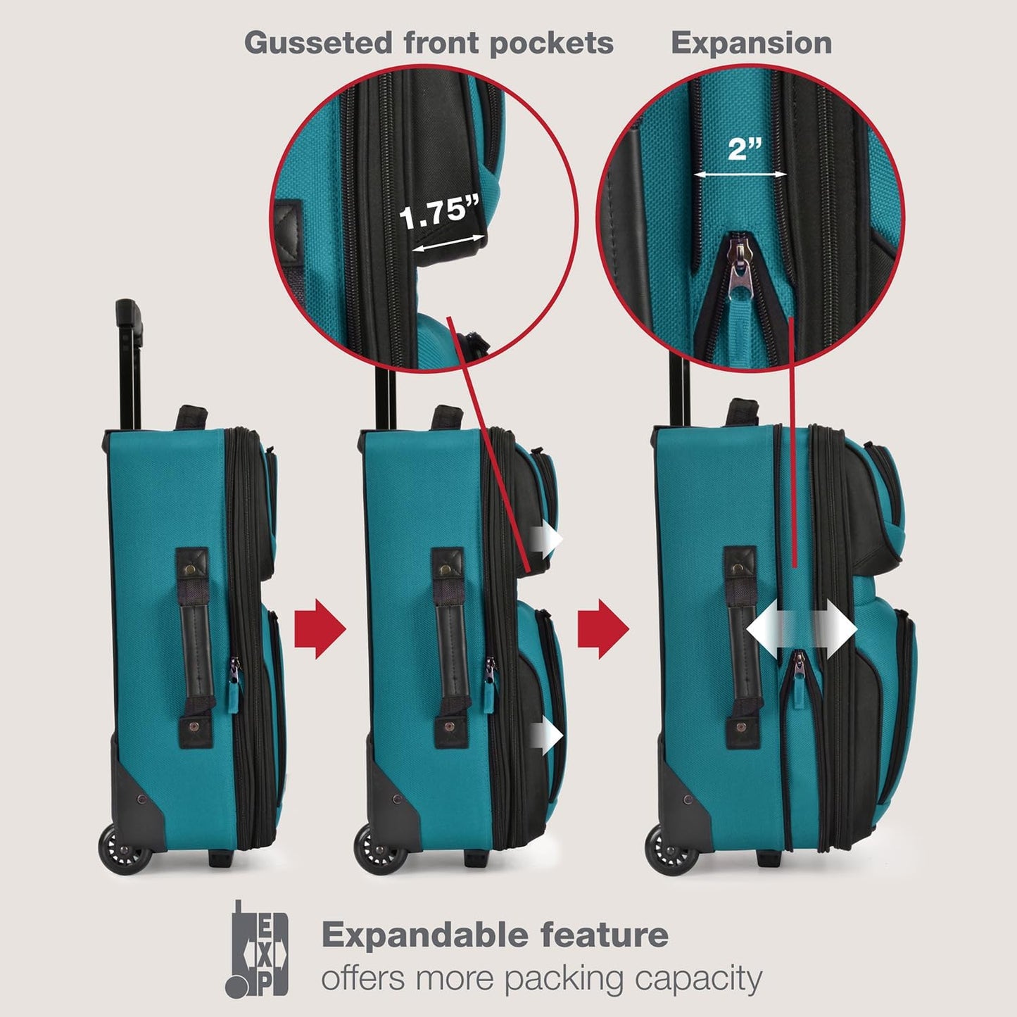 U.S. Traveler Rio Fabric Expandable Carry-on Luggage, Rolling Suitcase, Teal, 2 Wheel Set