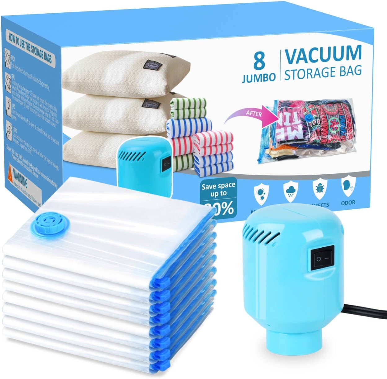 Vacuum Storage Bags for Blankets and Comforters 8 Jumbo Vacuum Seal Bags for Clothing Blankets Bedding with Electric Pump Compression Bag for Travel Luggage Jumbo Space Saver Storage Bag