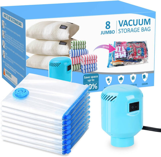 Vacuum Storage Bags for Blankets and Comforters 8 Jumbo Vacuum Seal Bags for Clothing Blankets Bedding with Electric Pump Compression Bag for Travel Luggage Jumbo Space Saver Storage Bag