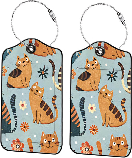 Luggage Tags for Suitcases, 2-Pack PU Leather for Cruise & Travel, Baggage ID Tags with Privacy Cover & Address Card, Durable Metal Ring, Kids Adults Travel Accessories, Whimsical Felines & Flora