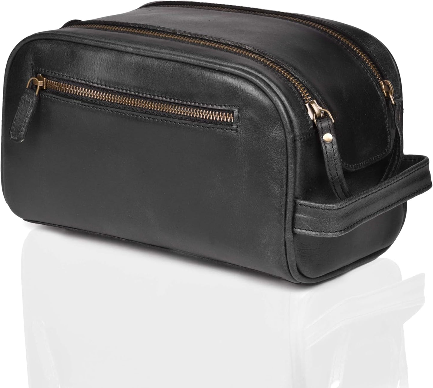 LEATHER VILLAGE Premium Leather Toiletry Travel Pouch With Waterproof Lining - Black | King-Size Handcrafted Vintage Cosmetic Organizer & Shaving Essential Bag