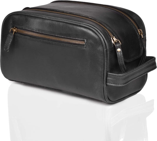 LEATHER VILLAGE Premium Leather Toiletry Travel Pouch With Waterproof Lining - Black | King-Size Handcrafted Vintage Cosmetic Organizer & Shaving Essential Bag