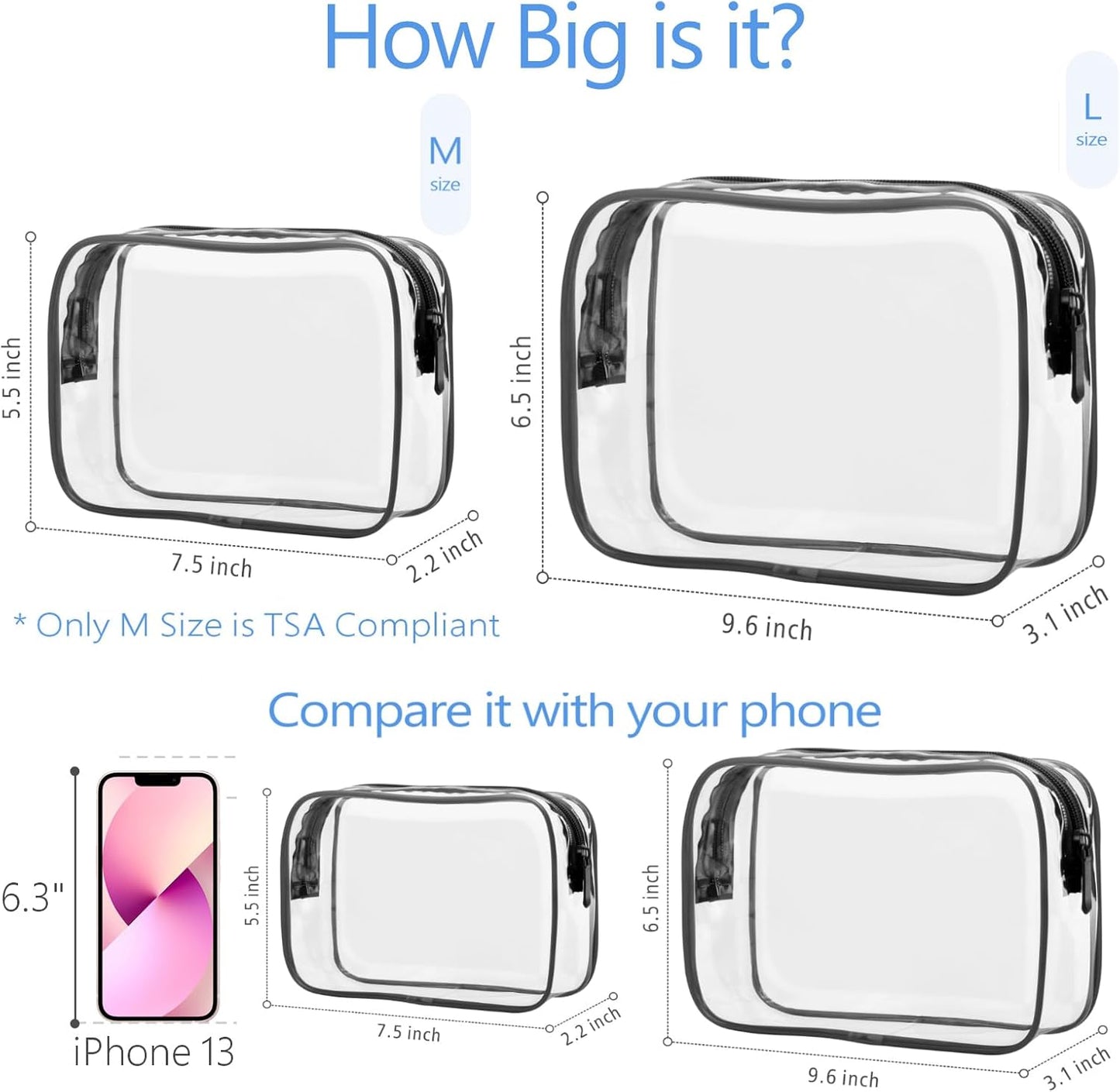 PACKISM TSA Approved Toiletry Bag - Clear Makeup Bags in 2 Size, Durable with Supporting Frame, Perfect for Travel Essentials, Carry-on Airport Airline Compliant Bag, Black