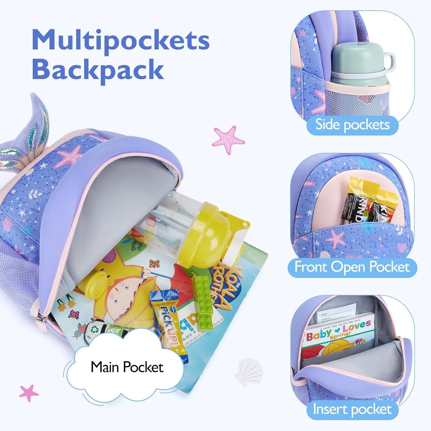 mommore Toddler Backpack for Girls 2-4 Neoprene Backpack with Kids Leash, 3D Cartoon Preschool Kindergarten Bookbag for Pre-k, Mermaid