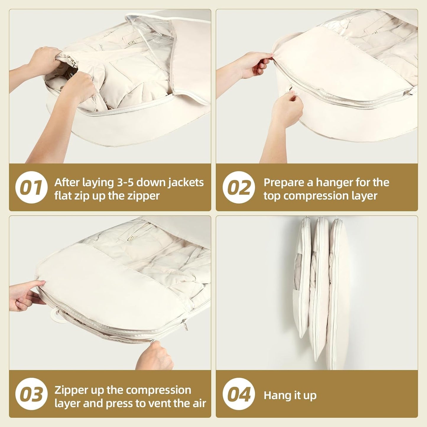 2 Packs Space Saving Garment Bag with Self Compression Zipper,Travel Suit Bags for Closet Storage, Hanging Garment Bag for Coats, Down Jackets (Large, Beige)