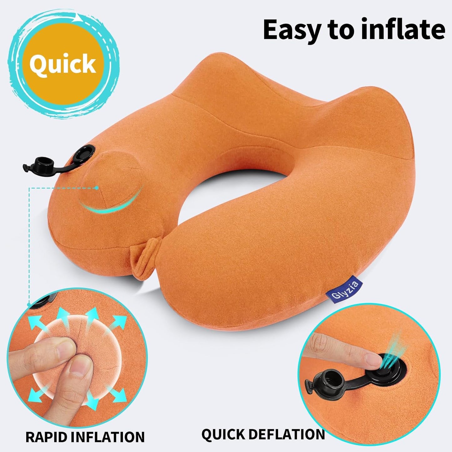 Inflatable Travel Neck Pillow for Airplane, Head Support Velvet Adult Neck Pillow for Long Flight, Kit with Eye Mask, Earplugs and Storage Bag,1, Orange