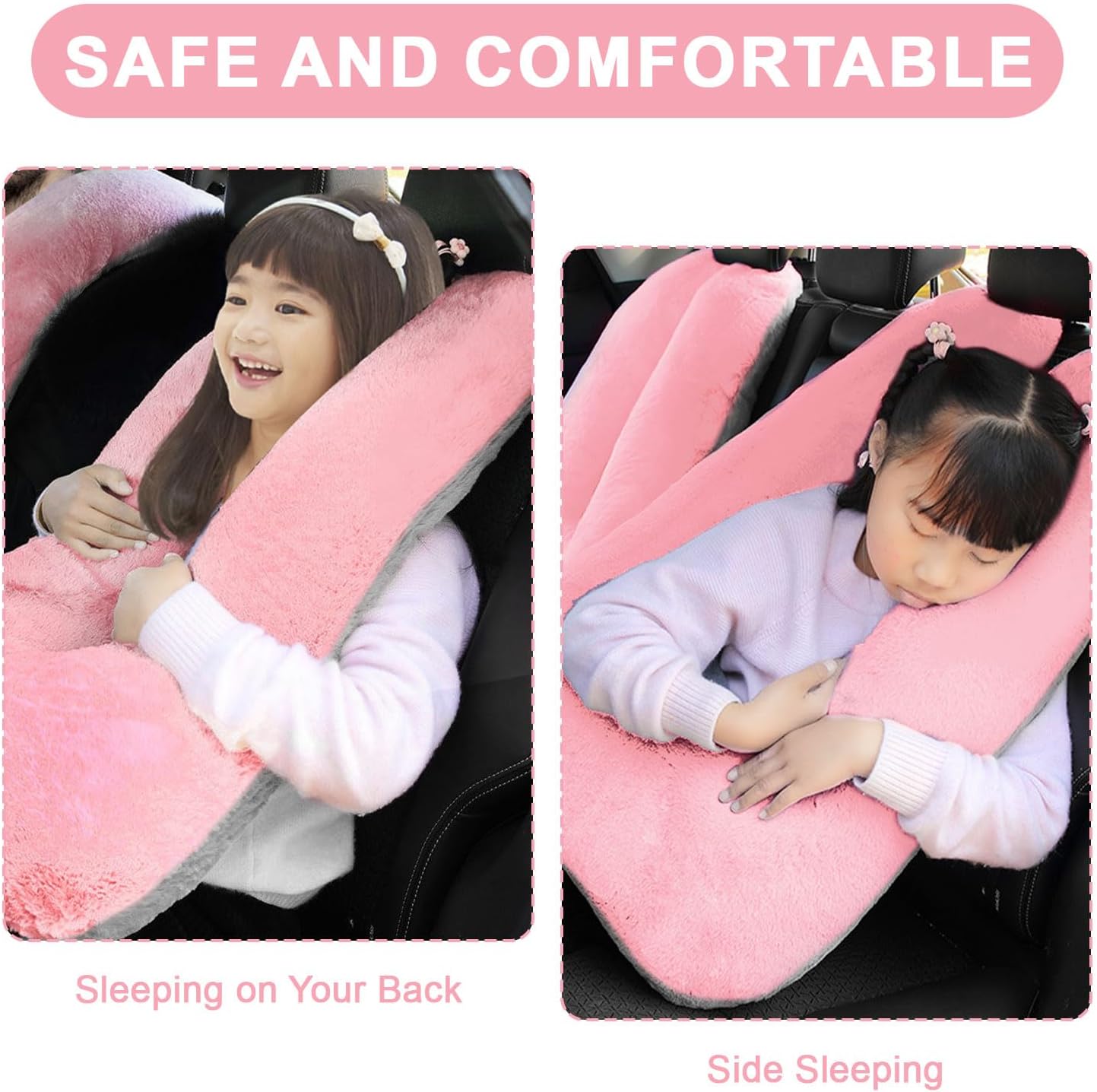 Travel Pillow, Travel Pillow for Kids, Sleeper Hold Pillow Travel, Removable U-Shaped Pillow for Adults and Children to Support Head and Body in The Back Seat of Long Car Trips (Pink and Gray)