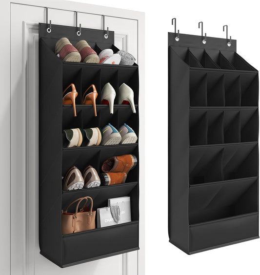 Over the Door Shoe Organizer for Closet, Shoes Rack for Closet with 15 Large Pockets, Hanging Shoe Organizers for Boot Storage, Behind the Door Narrow Shoe Holder for Small Shoes, Black