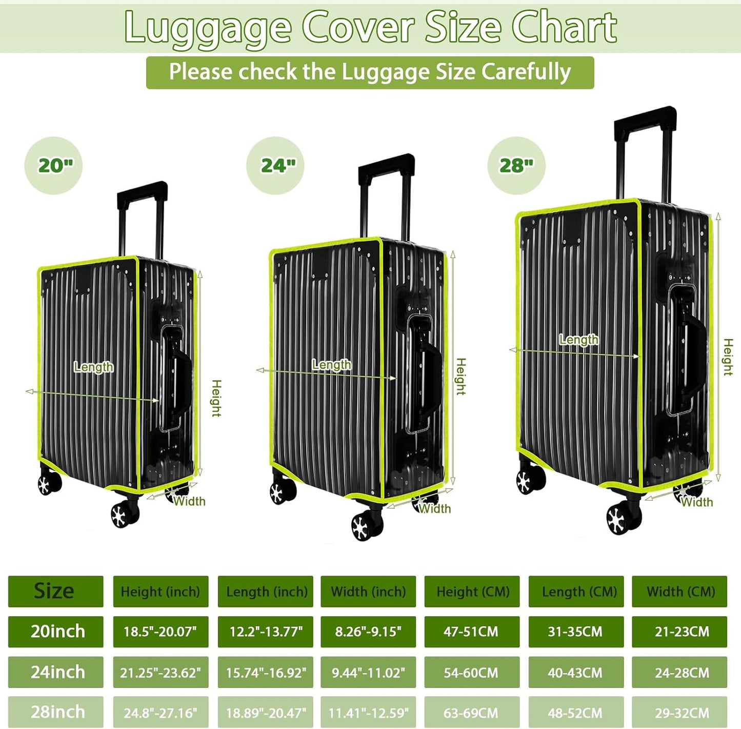 3 Pcs Thicken Clear Luggage Cover Protector, 20" 24" 28" Clear Luggage Covers for Suitcase Waterproof Dustproof Anti-scratch Travel Suitcase Covers Case for Wheeled Luggage