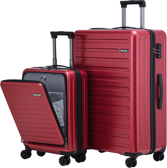 TydeCkare 2pcs 20/28" Luggage Set Lightweight HardShell, Only 20 Inch Carry On 21.65 * 15.35 * 7.87" Cabin Suitcase with Front Pocket, 28 Inch 19.68 * 11.81 * 29.92" Checked Luggage, Wine Red