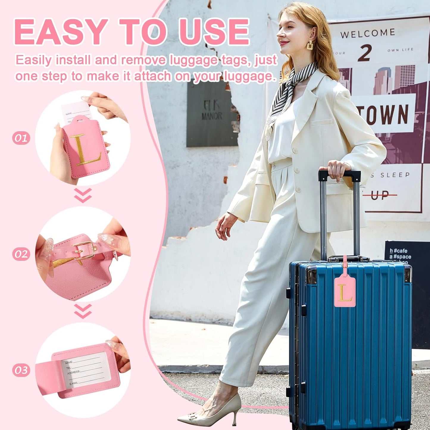 Personalized Initial Luggage Tags for Suitcase, Pink Leather Cute Luggage Tags with Privacy Cover Name Card, Embroidered Custom Monogrammed Luggage Tag Travel Bag Baggage Tags Gifts for Women Kids(L)