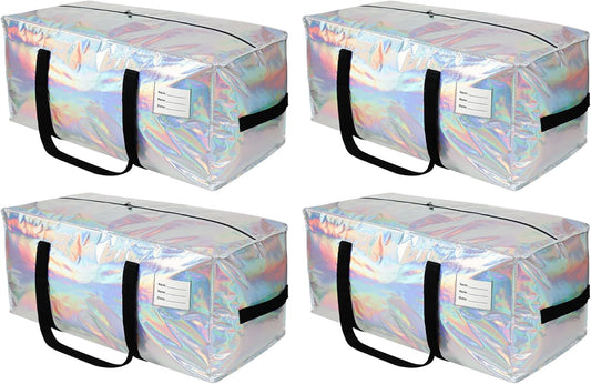 4 Pack Heavy Duty Moving Bags Extra Large Waterproof Foldable Clothing Storage Totes Bags with Zipper,Reinforced Handles,Packing Moving Boxes for Dorm & Seasonal Storage,Iridescent