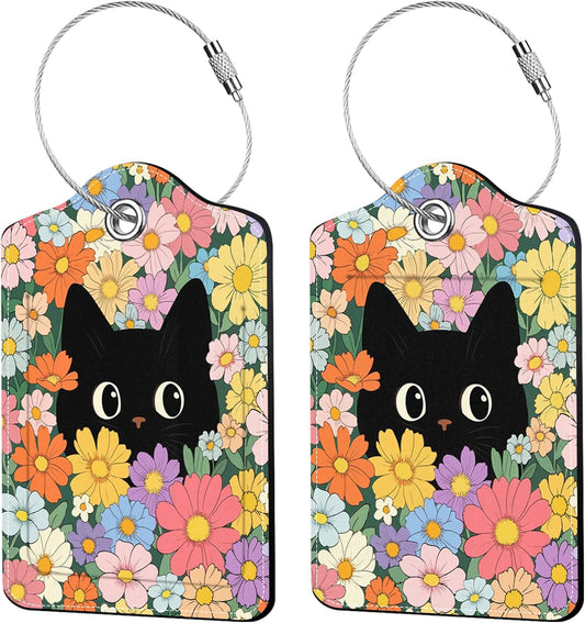 2 Pcs Colorful Cat Luggage Tags for Suitcase, Leather Luggage Tags Cute, Privacy Cover ID Label with Stainless Steel Loop & Address Card, Black Cat Travel Bag Tag Luggage Accessories for Suitcases