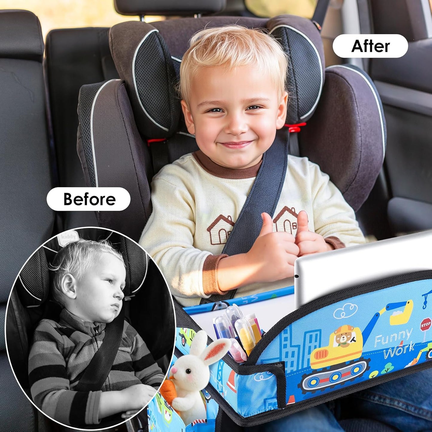 Kids Travel Tray, Kids Travel Trays for Car Seat, Road Trip Essentials for Toddler, Carseat Lap Tray with Dry Erase Board & Storage Organizer for Road Trip Activities for Kid, Light Blue