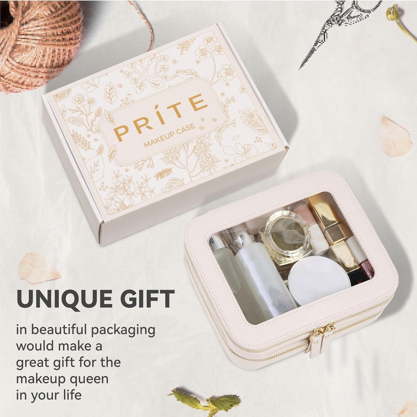 Prite Double Layer Makeup Bag for Women Portable Clear Makeup Bag Cute Waterproof Travel Cosmetic Bag with Gold Zipper for Car Essentials(Beige)