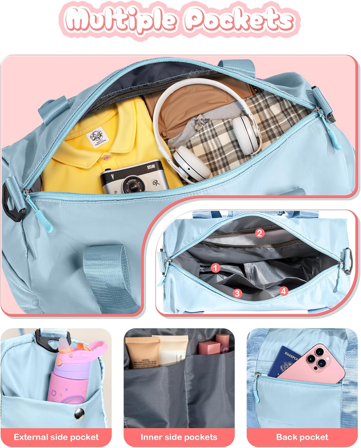 Gifts for 3 4 5 6 7 8 9 10 Year Old Girls-Girl Gym Bag with Shoe Compartment, Kid Personalized Weekender Overnight Bags, Initial Travel Tote with Makeup Pouch, Gift Ideas for Kids (Letter M)