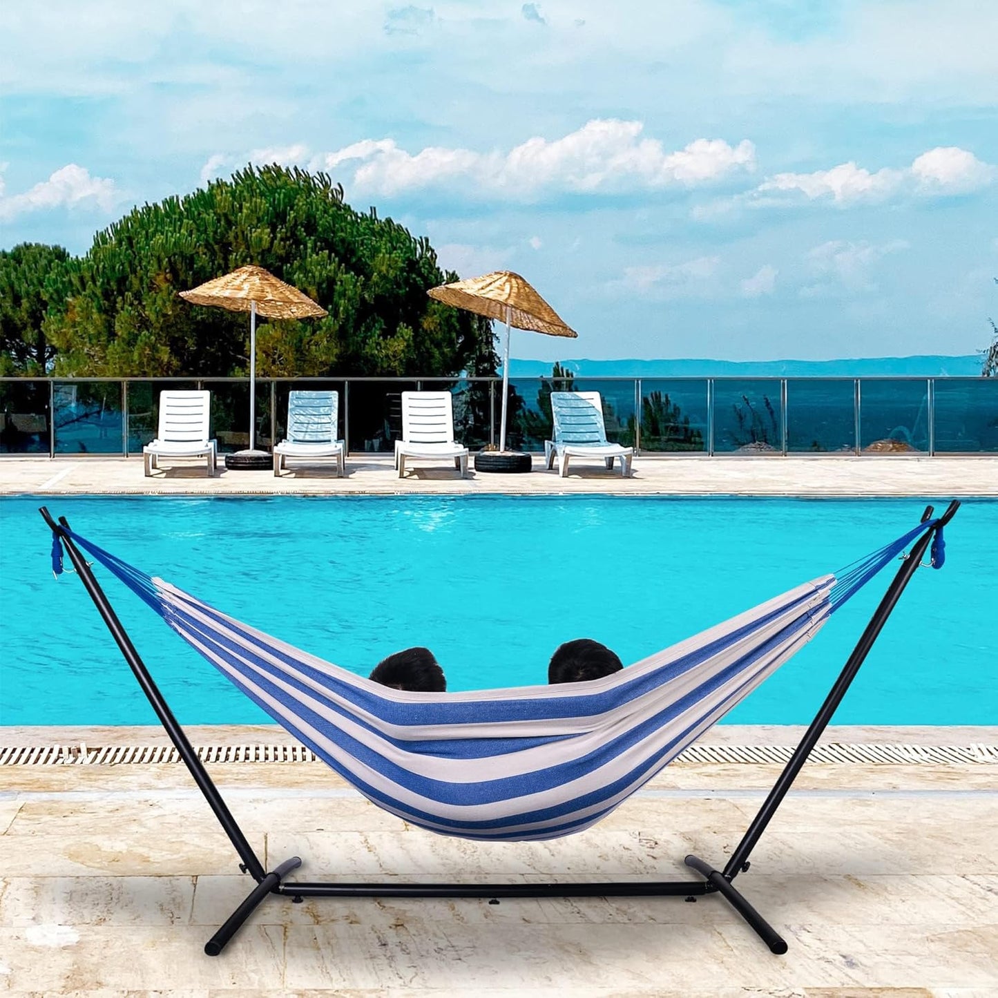 Lazy Daze Hammocks Double Hammock with 9 ft Space-Saving Steel Stand Includes Portable Carrying Case, 450 Pounds Capacity (Blue White)