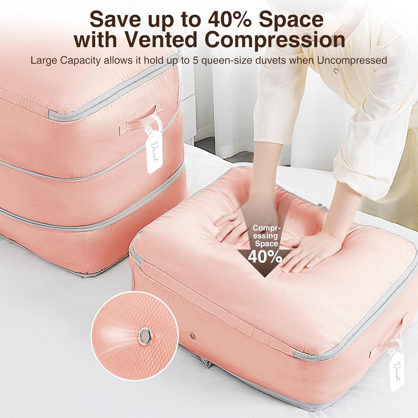 2 Pack Compression Storage Bags - 110L Large Capacity Comforter Storage Bag, 3-Layer Washable Ultra Space Saving Self Compression Organizer Space Bags for Blankets, Sweaters, Sheets, Pink