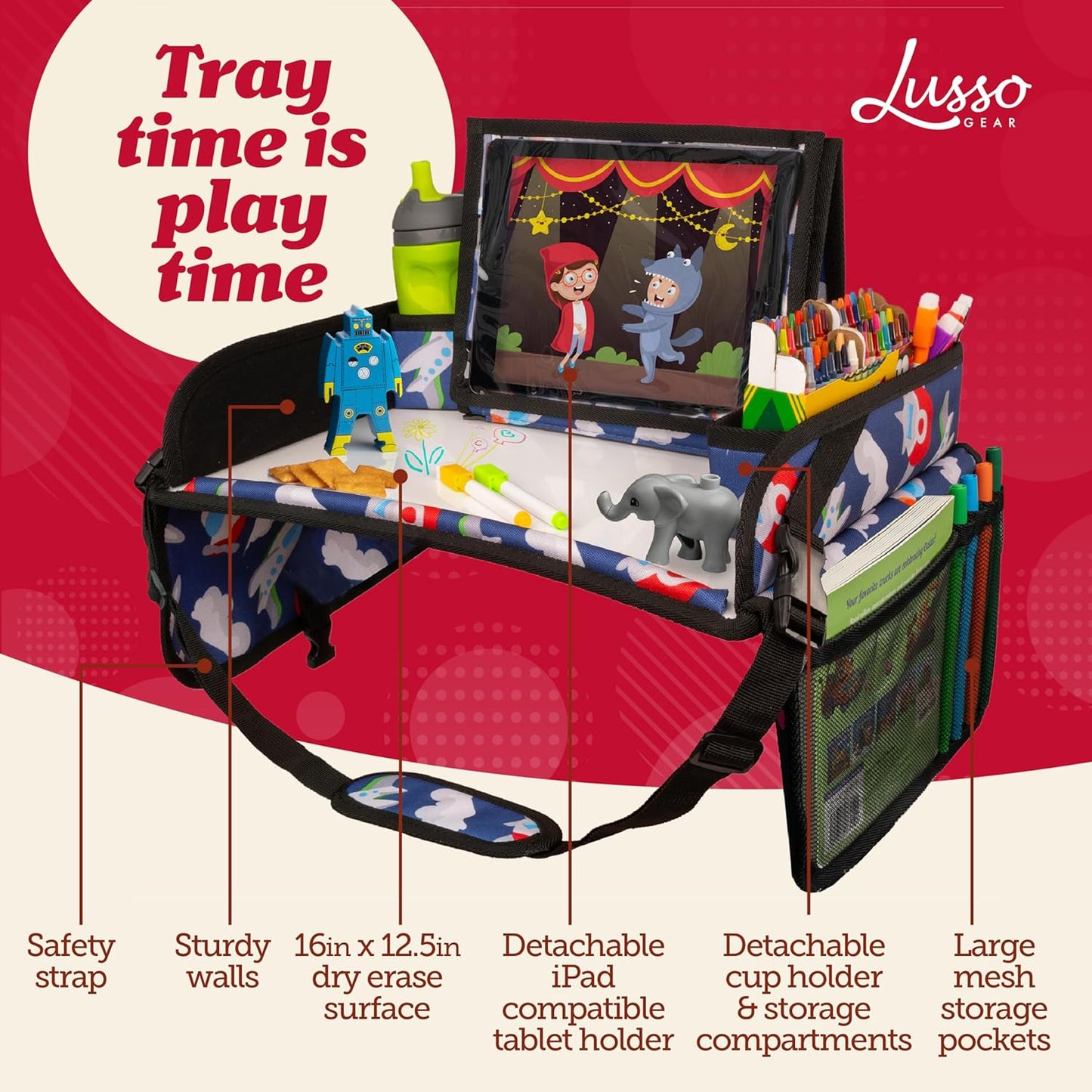 Lusso Gear Kids Travel Tray for Car - Road Trip Essentials for Kids - Car Seat Tray for Toddlers & Kids - Lap Tray for Airplane, Kids Travel Desk, Road Trip Activities (Airplanes)