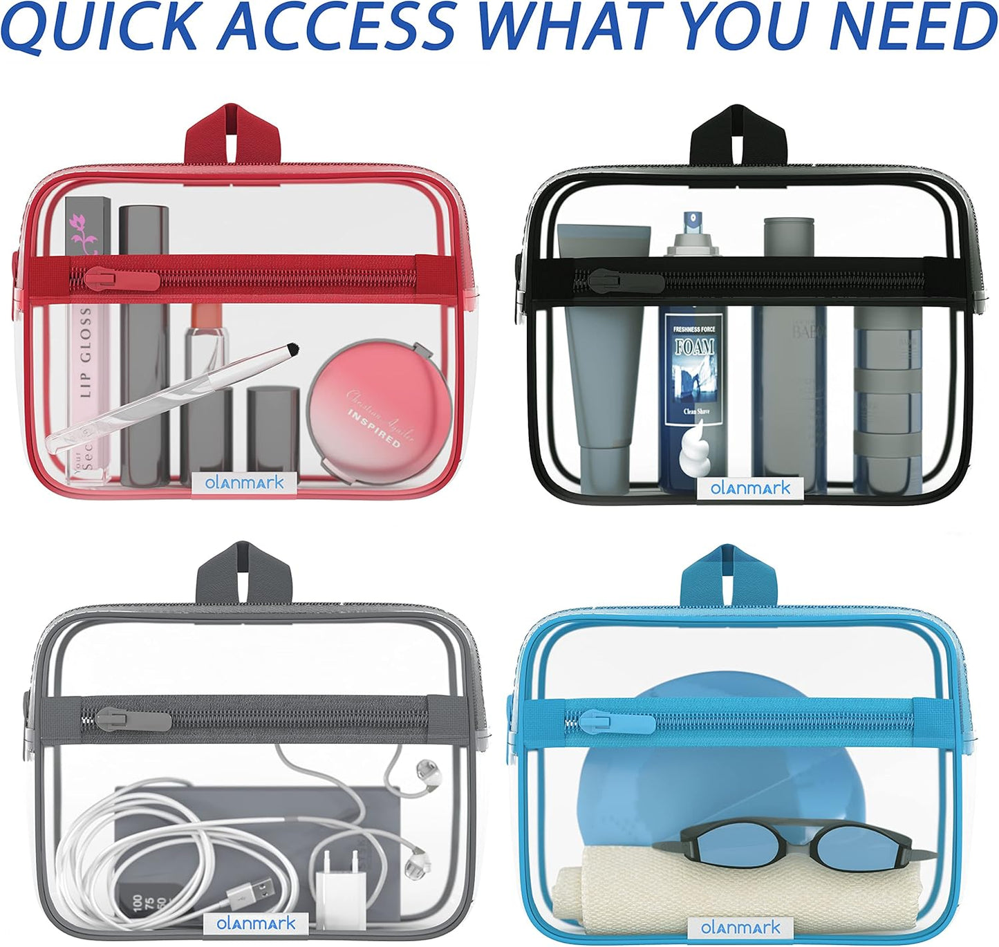 Olanmark TSA Approved Toiletry Bag with Pocket - 311 Small Quart Size Cosmetic Case for Airport Liquids - Clear Makeup Pouch Transparent Plastic Zipper Organizer - PVC Travel Bags Grey