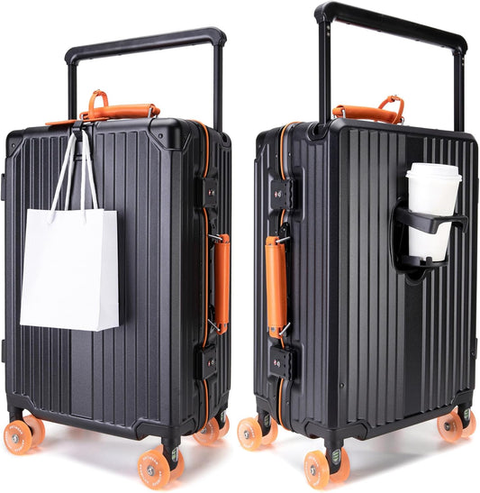 feilario 24in Aluminum Frame Wide Handle Hard Shell Carry On Suitcase - Vivid Colors Double Spinner Wheels Airline Approved Rolling Luggage with TSA Lock & Cup Holder (Silver, 24in)