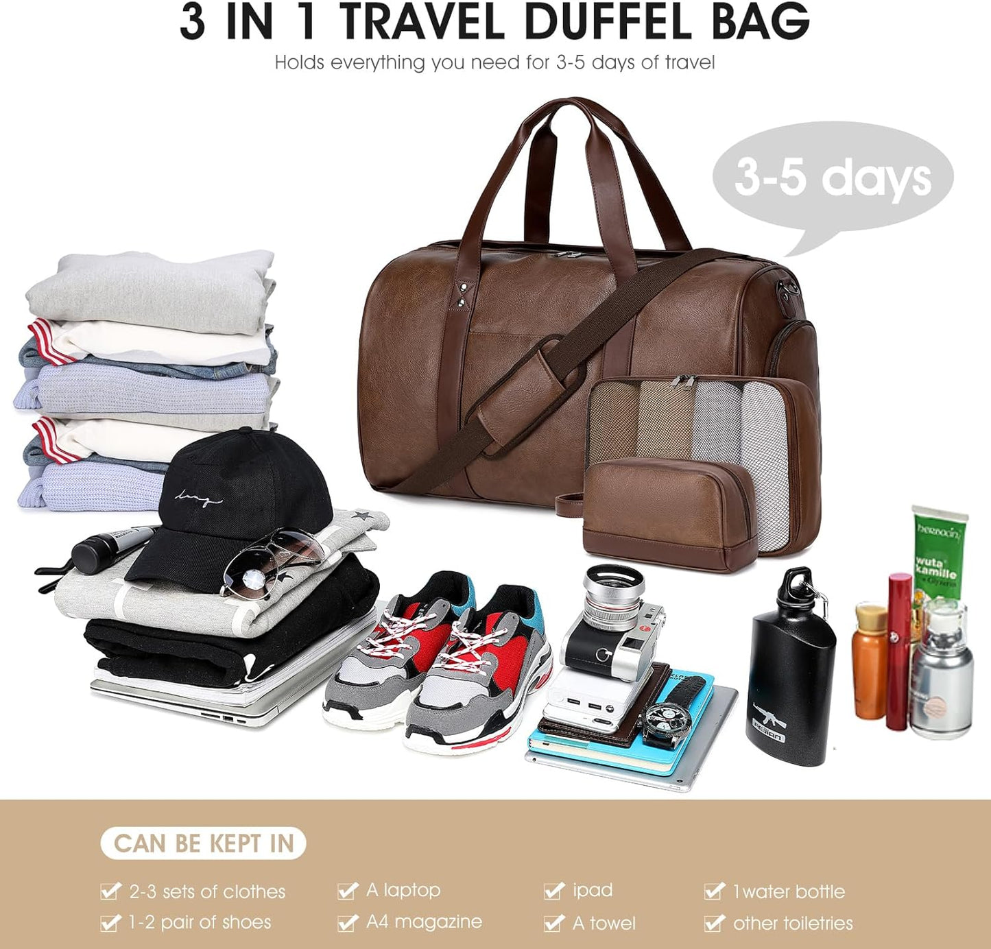 Wogarl 3PCS Faux Leather Weekender Bag for Women Men Large Overnight Travel Duffel Bags with Shoe Compartment Toiletry Packing Cube Carry On Duffle Fit 21" Laptop(Coffee)