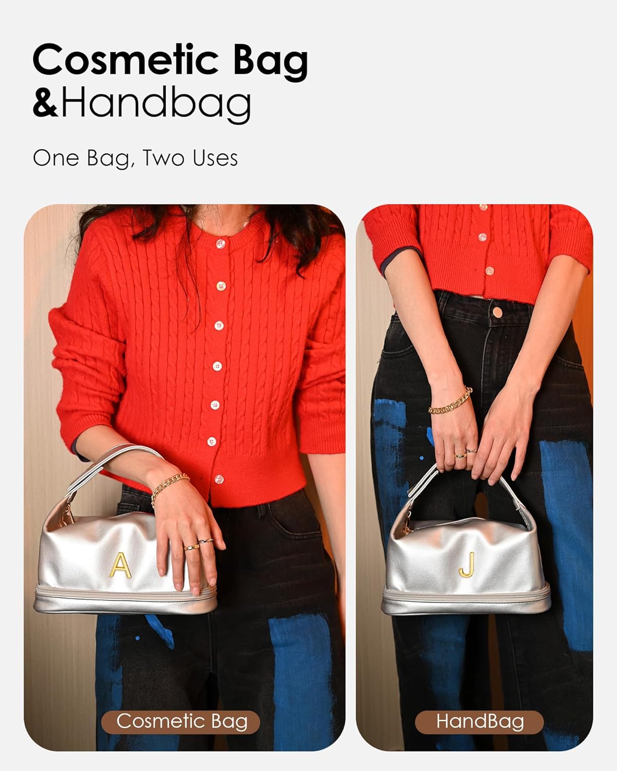 Teen Girl Gifts Trendy Stuff, Makeup Bags for Women with Handle, Initial Double Layer Cosmetic Bag with Makeup Brush Organizer, Cute Cosmetic Pouch for Women, Gifts for Friends Female Mom