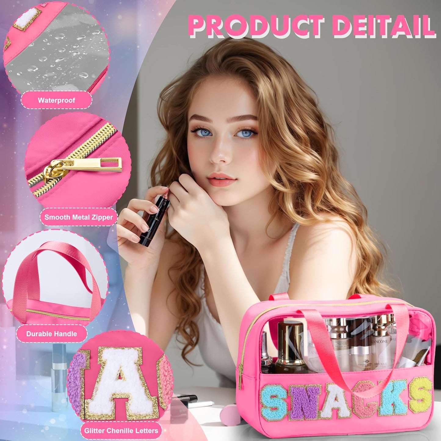 Snack Bag for Travel - Chenille Letter Clear Makeup Bag, Large Preppy Patch Snack Cosmetic Bag with Handle and Zipper, Cute Makeup Pouch Nylon&PVC Waterproof Toiletry Organizer Storage for Women Girls