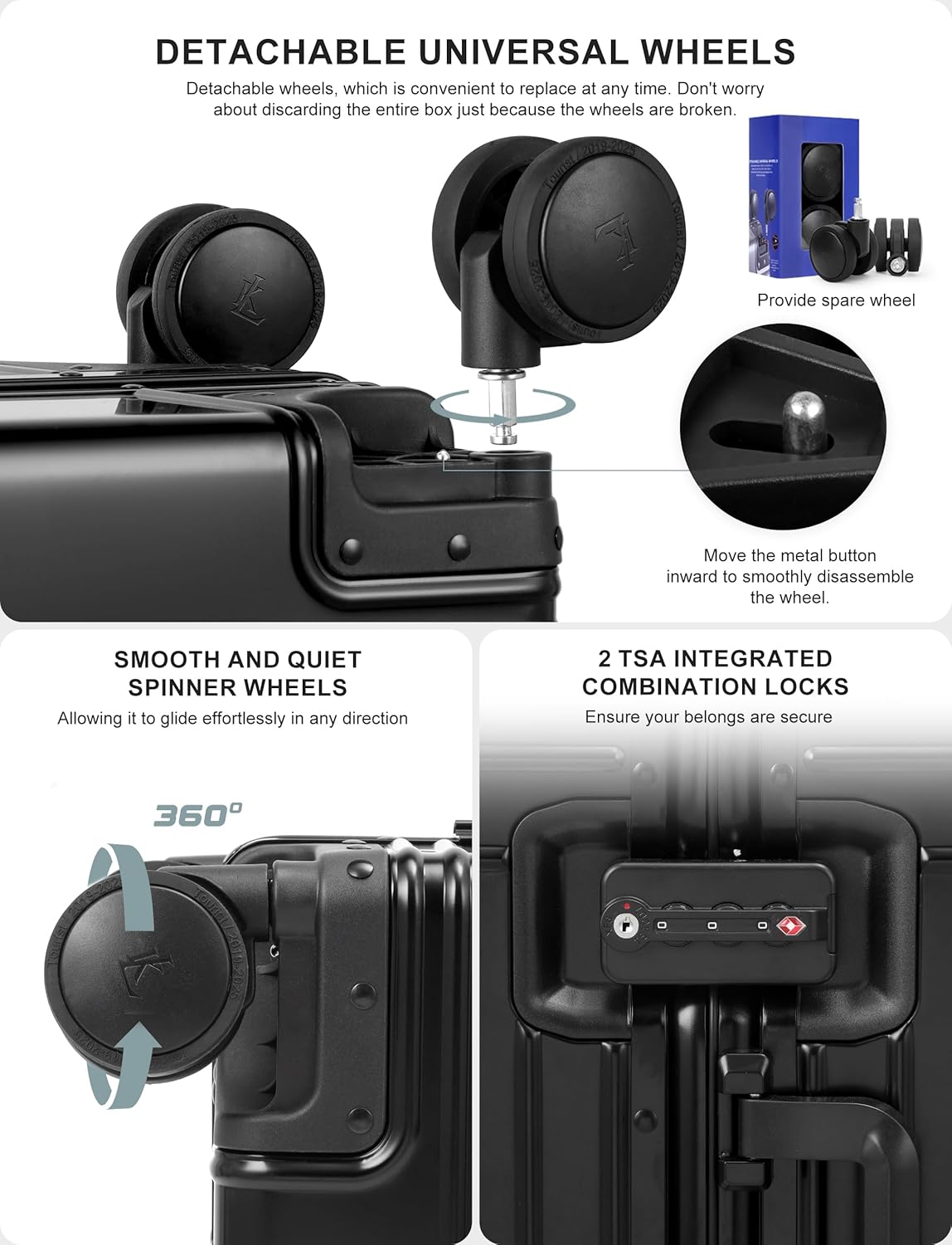 All Aluminum Carry On Luggage，Cut from Whole Aluminum Sheet，22x14x9 Airline Approved ，（3rd Generation，Premium Metal zipperless suitcase ） (black, 28inch)