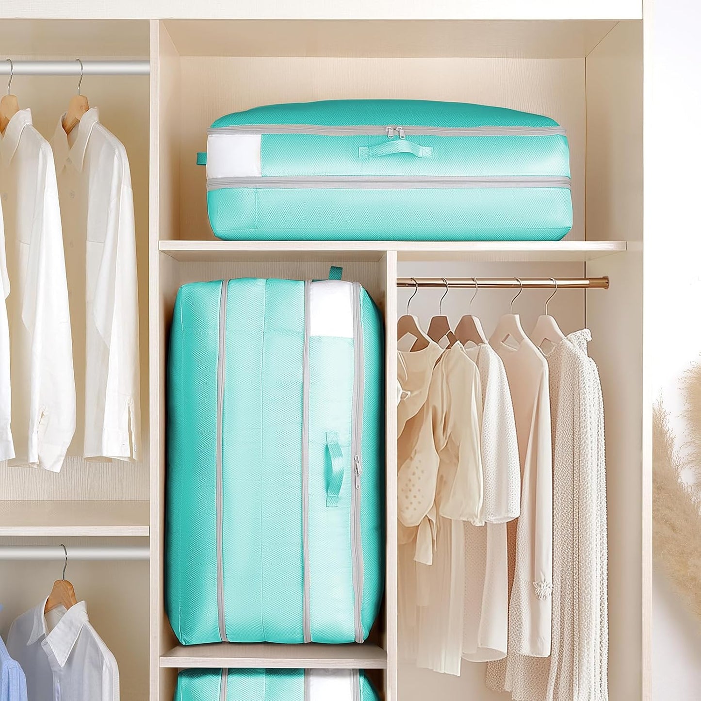 Comforter Storage Bag - Large Capacity Bedding Storage Bags Ultra Space Saving Self Compression Organizer, Washable Compression Bags for Storage Comforter Blanket Duvet Pillow, 2-Pack, Blue