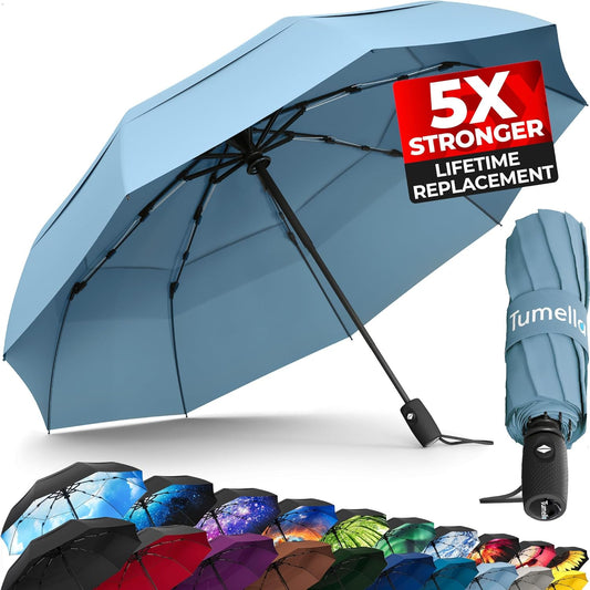 TUMELLA Strongest Windproof Travel Umbrella (Compact, Superior & Beautiful), Small Strong but Light Portable and Automatic Folding Rain Umbrella, Durable Premium Grip, Fits Car & Backpack