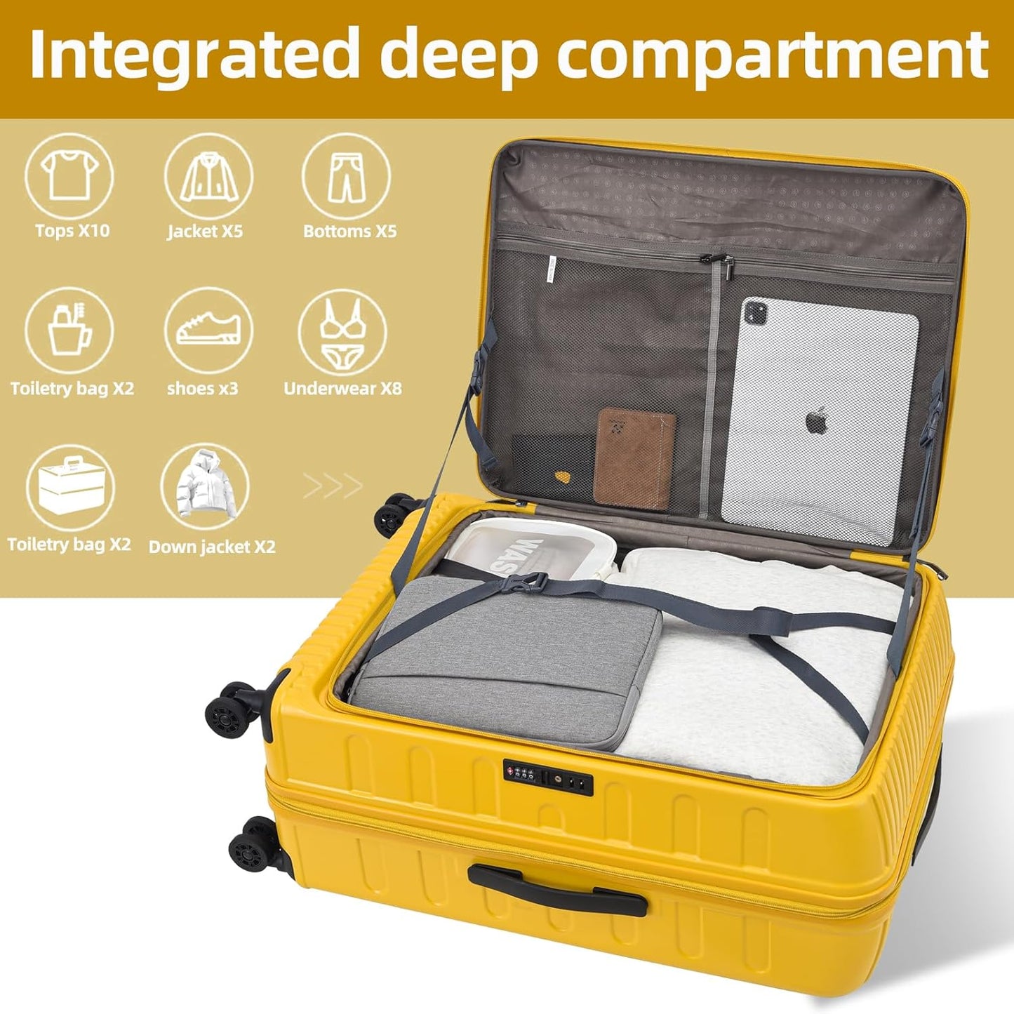 2 Pieces 19/29 Luggage Sets, 19 Inch Carry On Luggage with Front Pocket & 29 Inch Side Opening Suitcase, Ligthweight ABS+PC Hardshell, TSA Lock & YKK Zipper with HINOMOTO 360° Wheels, Yellow