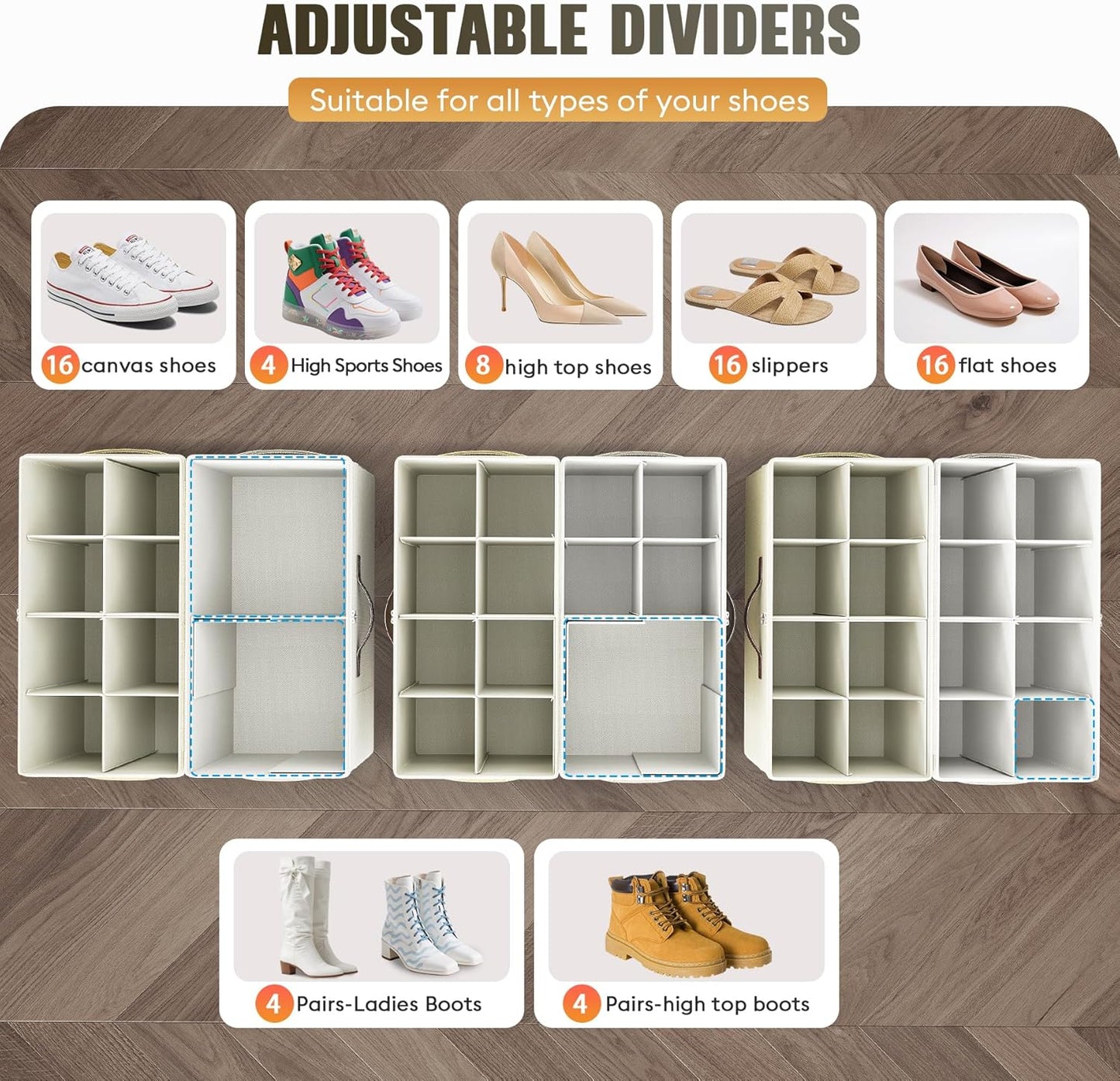 Budding Joy 2 Pack Shoe Organizer for Closet, Clear Foldable Shoe Storage Containers Adjustable Dividers Fits 16 Pairs,Shoe Storage Bins Baskets Boxes with Reinforced Handles Beige Yellow Beige