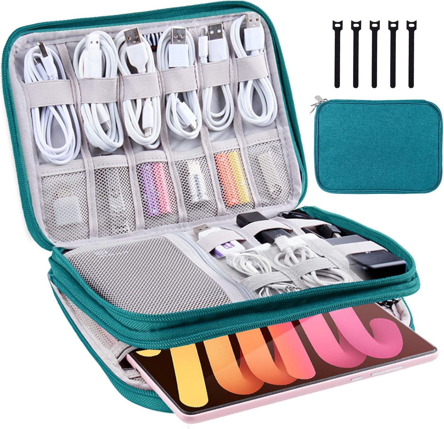 Electronics Organizer,Travel Cable Organizer Bag,Water Resistant Double Layers Pouch for Cable,Cord,iPhone,iPad Mini,Gift for Men Electronic Accessories Storage Case with 5 Cable Ties,Green