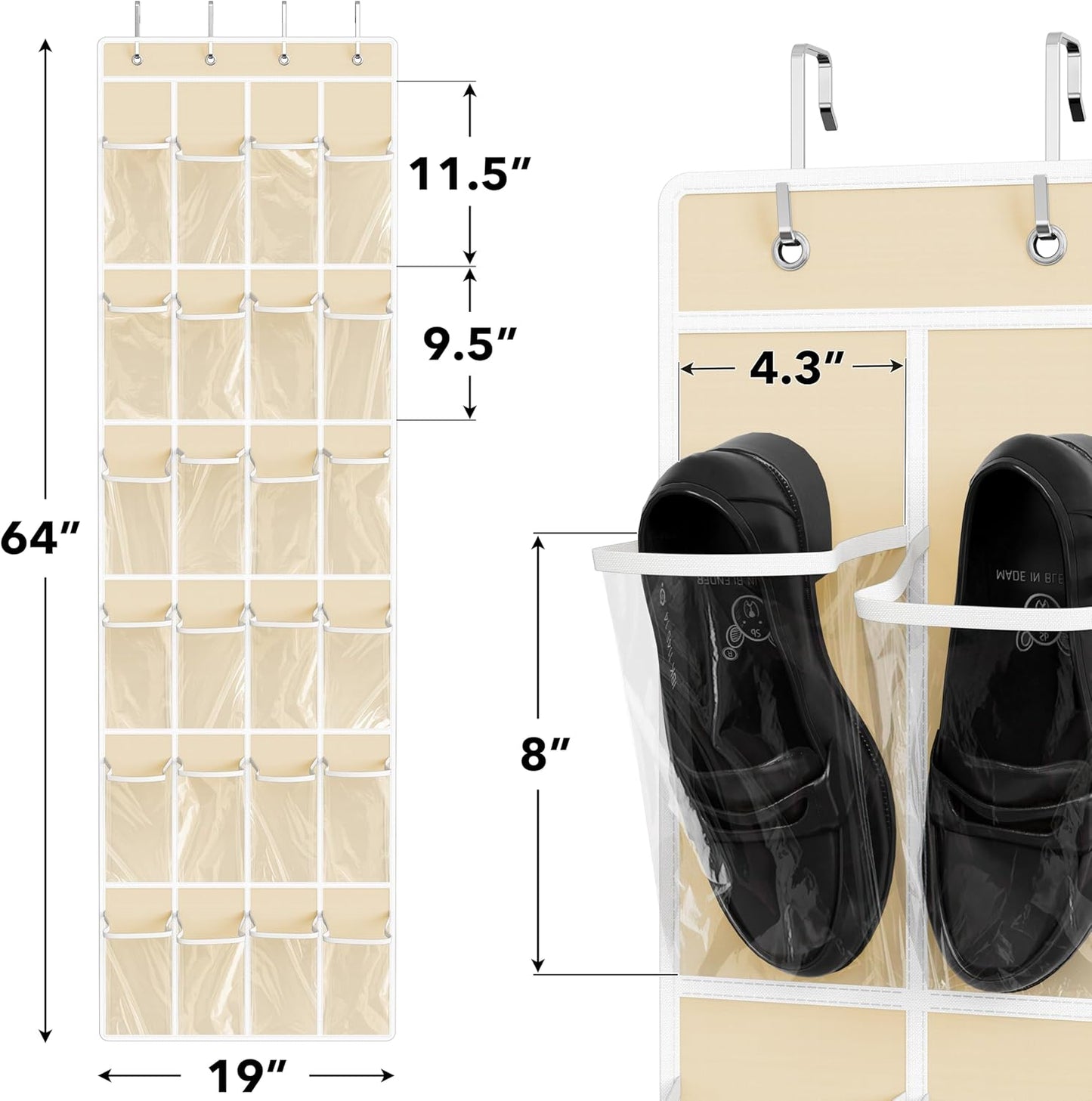 Simple Houseware 24 Pockets - Crystal Clear Over The Door Hanging Shoe Organizer, Beige (64'' x 19'')