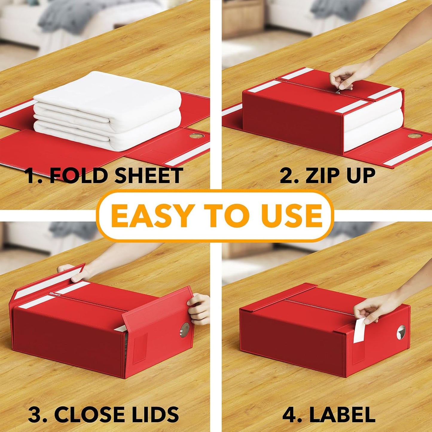 SpaceAid 3 Pack Bed Organizers and Storage, Foldable Sheet Organizer for Linen Closet, Set Folder Keeper With Window XL (Queen & King Size) Bedding Container (Red)