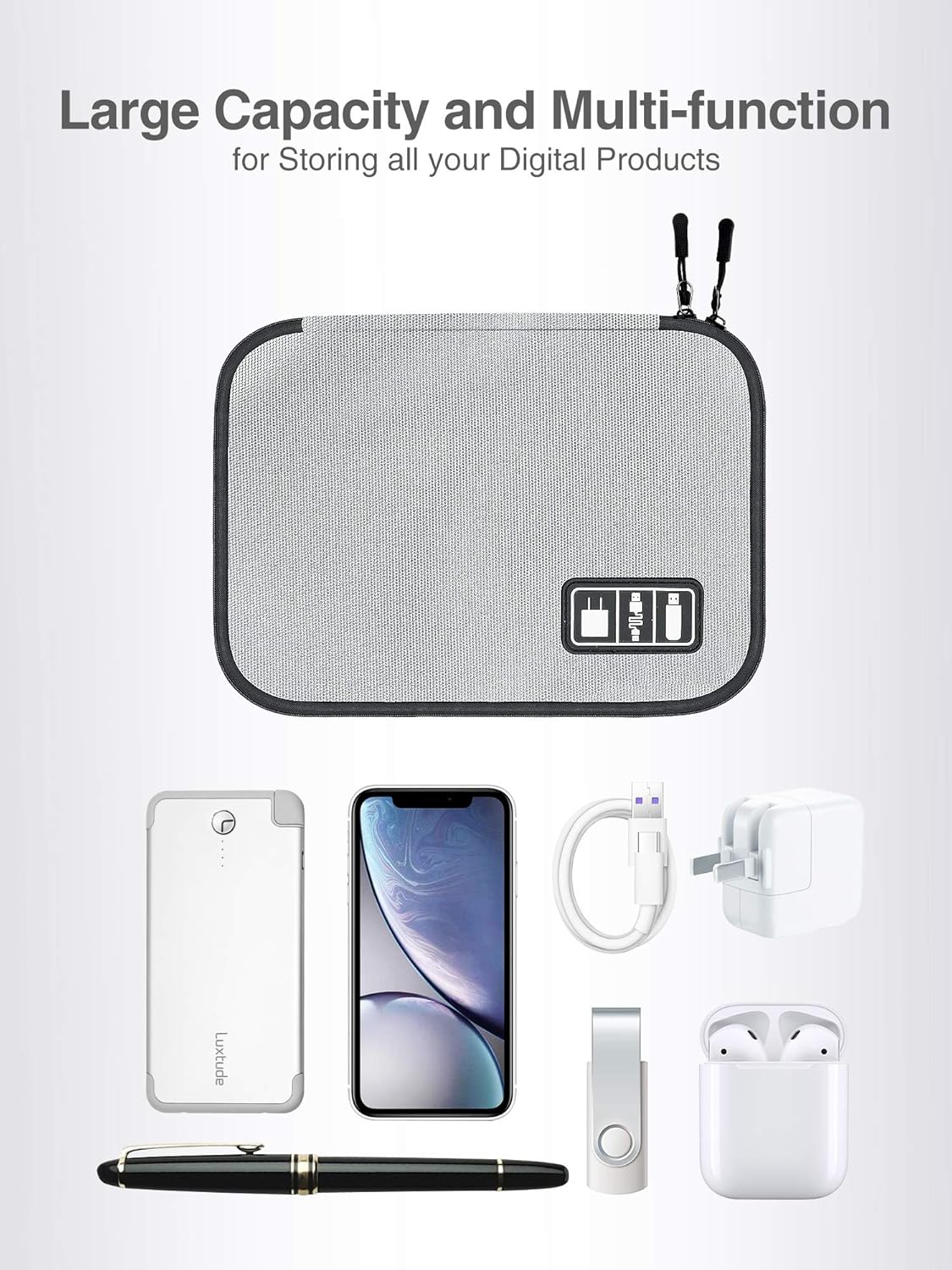 Luxtude Cord Organizer Travel, Flat Cable Organizer Bag, Portable Electronics Organizer, Travel Essentials for Wire/Cord Storage/Charger Case/Cable Storage/Tech Accessories Pouch, Silver Gray