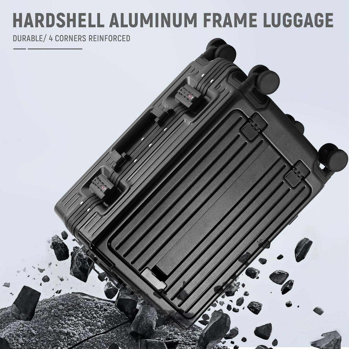 UrbanExplorer 24 Inch Check-In Aluminum Frame Luggage, ABS+PC Hard Shell Suitcases with Spinner Wheels TSA Approved Checked Luggage, Zipperless Suitcases with Cup Holder, Black